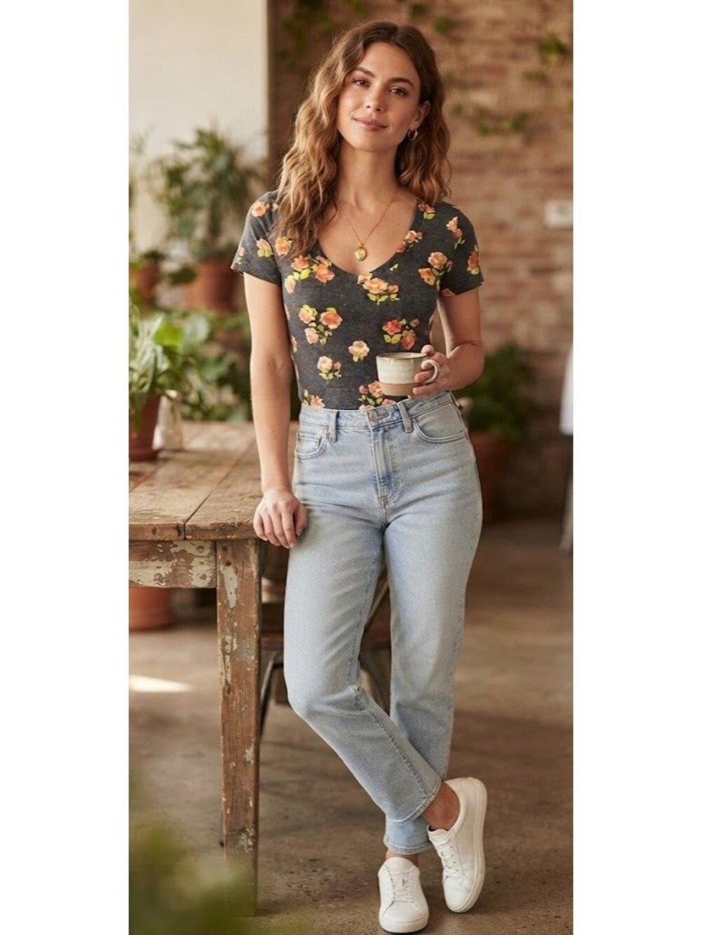 Nollie Womens Floral V-Neck T-Shirt Size S Gray Cotton Blend Short Sleeve